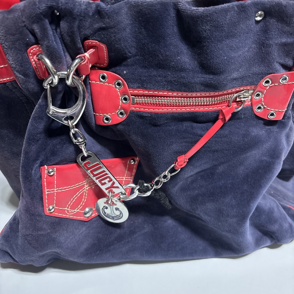 Vintage Juicy Couture Blue and Red Velour and Patent Leather Shoulder Bag
